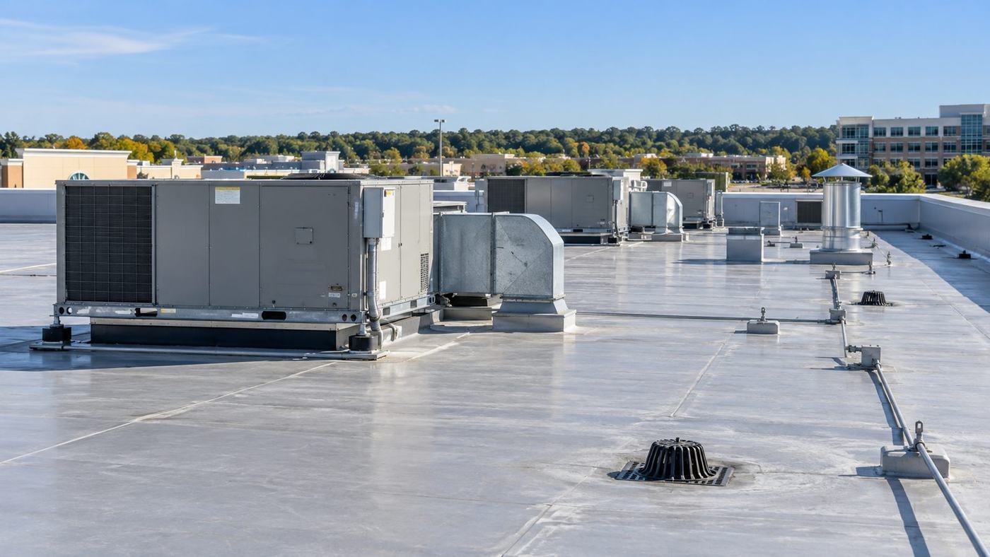 Flat commercial rooftop with HVAC units, curbs and drains