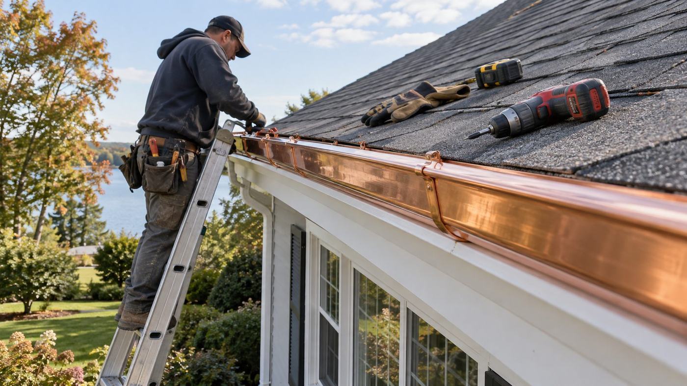 New gutter being hung along the eave of a shingle roof