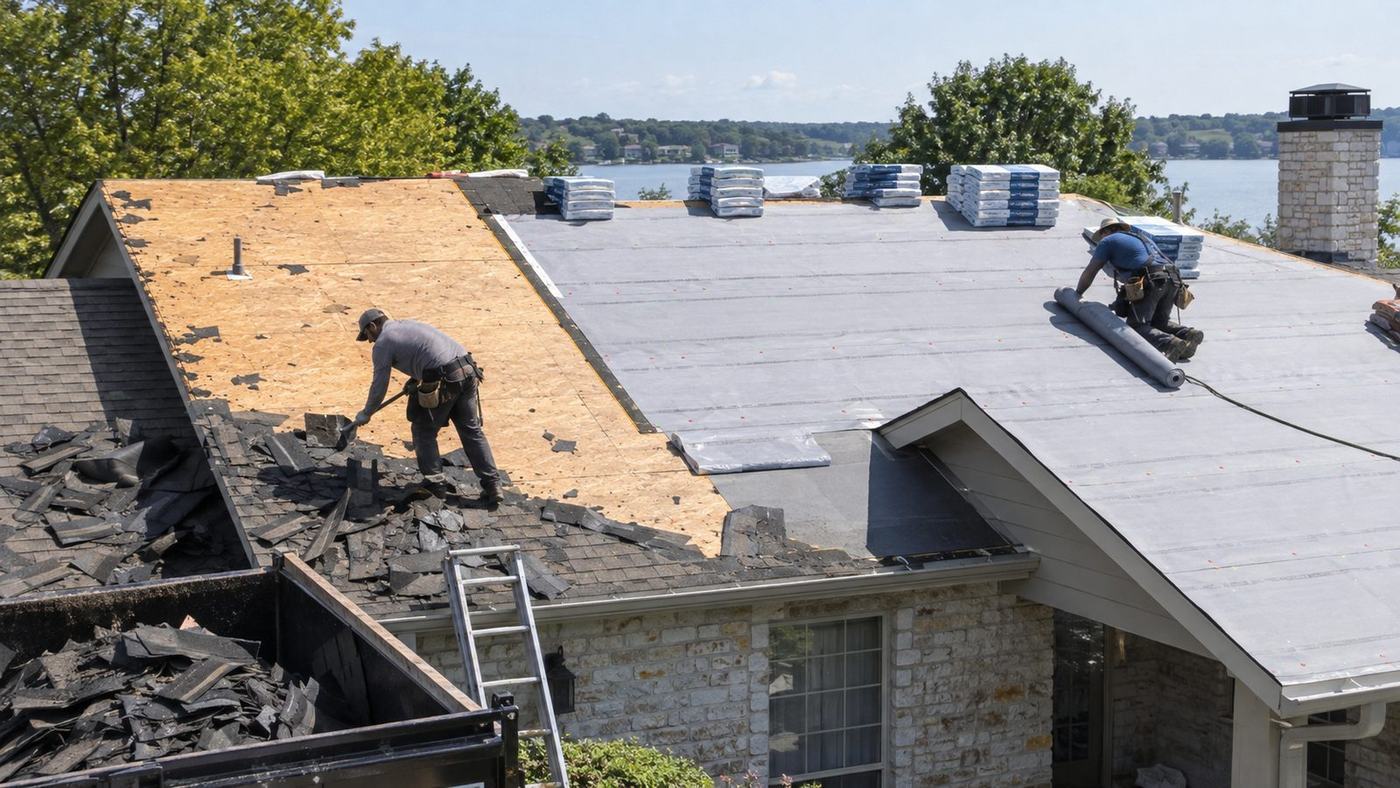 Roof stripped to the bare deck during a full tear-off