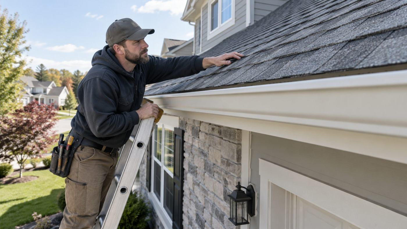 Roofer checking the roof edge from a ladder on a service call