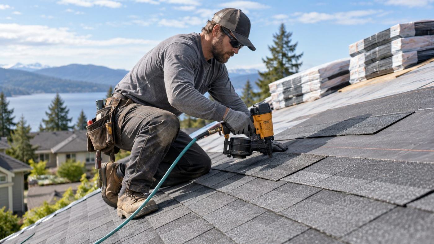 Roofer nailing down a course of architectural shingles